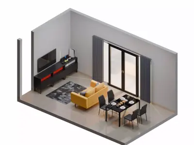 Isometric Living Dining Room With Yellow Sofa 3D model