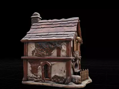 Rustic Tudor Style Fantasy House  Weathered Stone  Wood  Low-poly 3D model