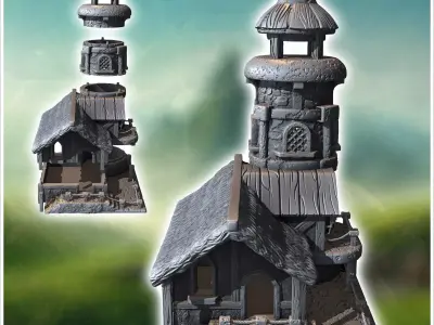 Round medieval lighthouse with annex house and access staircase  3D print model