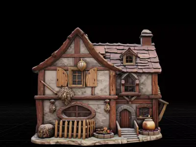 Rustic Tudor Style Fantasy House  Weathered Stone  Wood  Low-poly 3D model