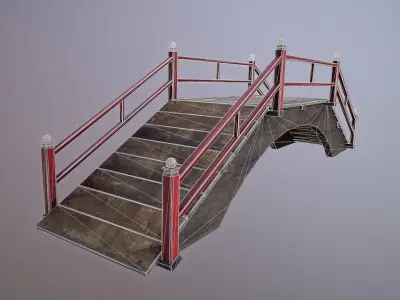 Oriental wooden bridge Low-poly 3D model
