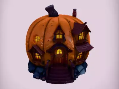 Halloween Pumpkin House 3D Model Cartoon Stylized House  Low-poly 3D model