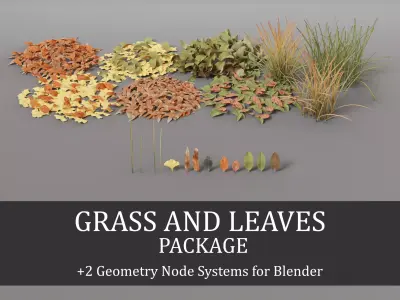 Grass and leaves package with 2 Geometry nodes for Blender Low-poly 3D model