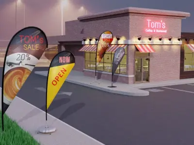 4 Types of advertising Teardrop flags banners restaurant scene 3D model