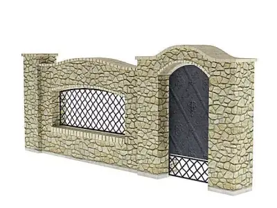 Cobblestone And Wrought Iron Fence And Garden Gate 3D model