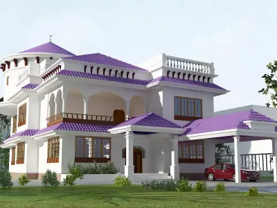 Modern Villa Exterior with purple roof bricks Low-poly 3D model
