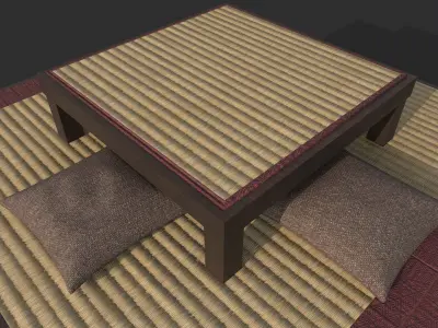 Japanese table with pillows Low-poly 3D model