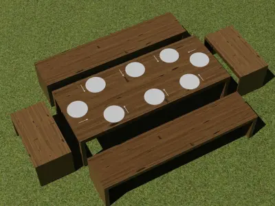 tavola legno con piatti wooden table with plates and forks 3D model