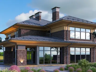 Wright-style apartment building with a raised roof 3D model