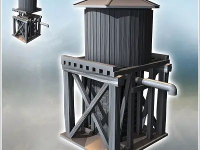 Water tank on wooden structure with metal faucet 2 - Modern WW2  3D print model