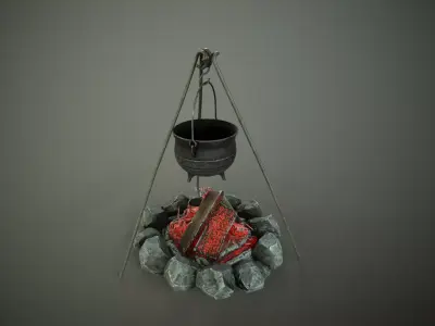 Campfire with cauldron Low-poly 3D model