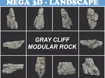 Low poly Gray Cliff Modular Rock 211219 Low-poly 3D model