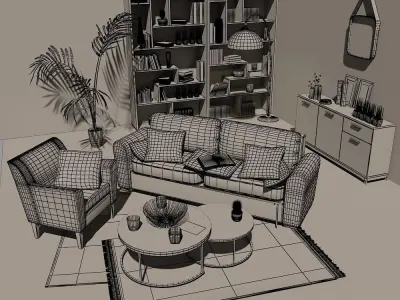 Bronx living room with furniture and bookshelves 3D model