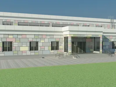 Kindergarten 3D model building in middle of field Low-poly 3D model