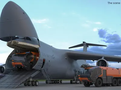  Military Cargo Transport Aircraft Nose Open with Fire Truck with Interior 