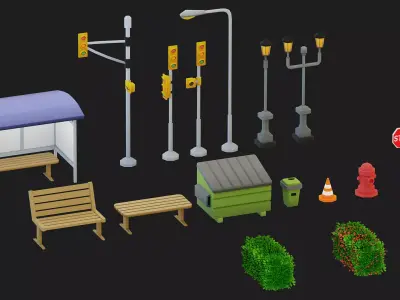Low Poly City Street Props Pack - 17 Game Ready Assets Low-poly 3D model