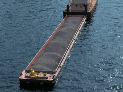  Tugboat Pushed Hopper Barge with Crushed Stone on Water 