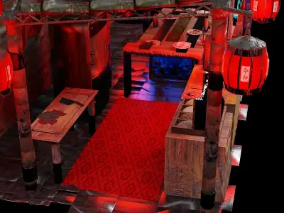 Steampunk noodle bar ramen shop Bladerunner style Low-poly 3D model