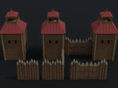 Cartoon wooden fortification Polygonal Style Low-poly 3D model