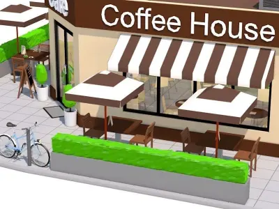 Low Poly Corner Coffee Shop exterior interior Low-poly 3D model