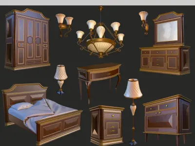 Vintage Furniture Bedroom Pack PBR Game Ready Low-poly 3D model