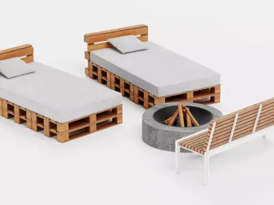 Garden Setup V6 - Pallet Loungers with Bench and Fire Pit 3D model