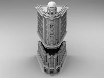Hotel building with clock tower 3D print model