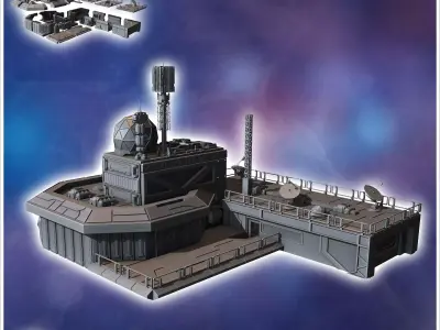 Futuristic complex with multiple interconnected structures and a 3D print model