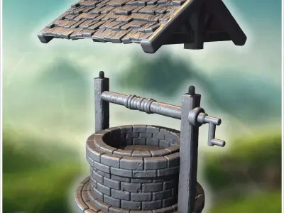Round stone well with wooden roof hand crank and visible brick d 3D print model