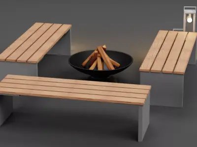 Garden Setup V2 - Modern Seating with Fire Pit and Lanterns Low-poly 3D model
