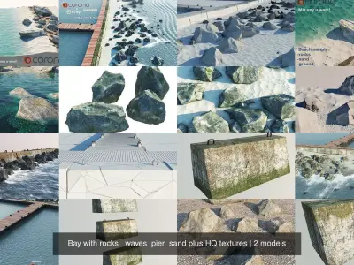 Bay with rocks-waves- pier- sand plus HQ textures 3D Model Pack