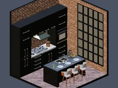 Isometric kitchen set Low-poly 3D model