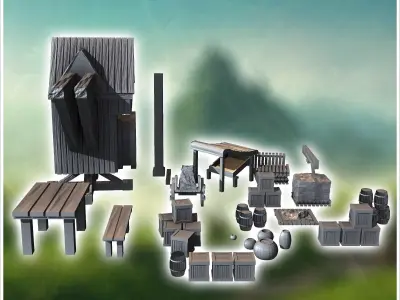 Medieval accessories with wooden crane and crates 3 - Medieval G 3D print model