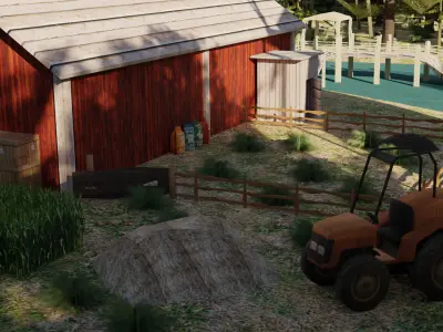 A Rustic Countryside Farm with Windmill and Riverside Barn 3D model