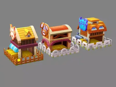 Cartoon farm buildings - cow shed - pigsty - sheep pen Low-poly 3D model