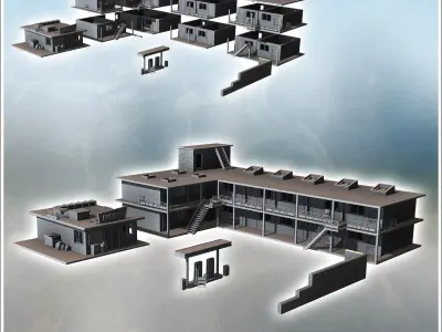 Set of modern motel with a large multi-story main building and g 3D print model