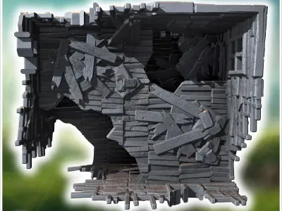 Collapsed wooden building with exposed structure broken floors a 3D print model