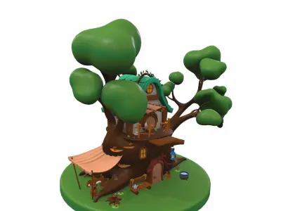 Cartoon tree house and props 3D model