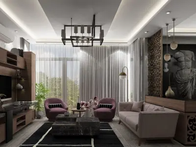 Full detailed Living room hall with kitchen interior scene 3D model