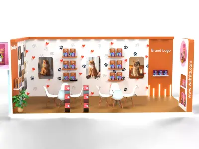 Whimsical cat food booth with heart wall graphics and racks 3D model