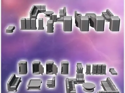 Set of futuristic Sci-Fi interior furniture with beds and sofas  3D print model