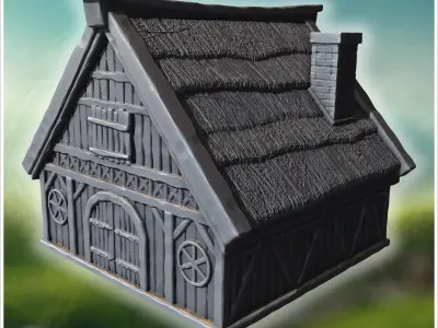 Medieval timber-framed house with thatched roof chimney and wood 3D print model