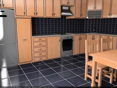 Kitchen with wooden cabinets and checkered floor 3D model