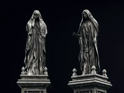 Stone Statues on Podeum Low-poly 3D model