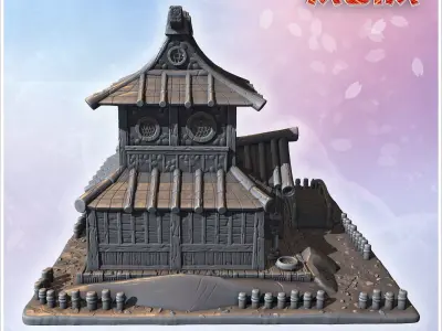 Large Japanese house with bridge wooden gates tiled roof and sur 3D print model