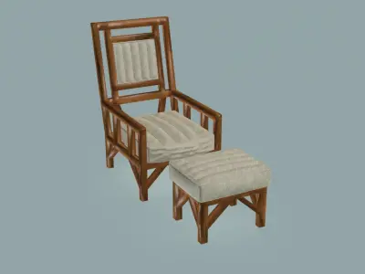 Wooden and cotton armchair with pouf 3D model