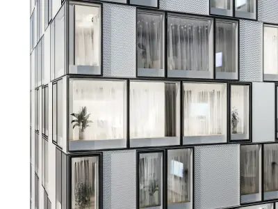 Modern residential building 08 at night with interiors 3D model