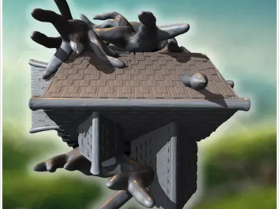 Gothic house elevated on twisted roots with steep rooflines and  3D print model
