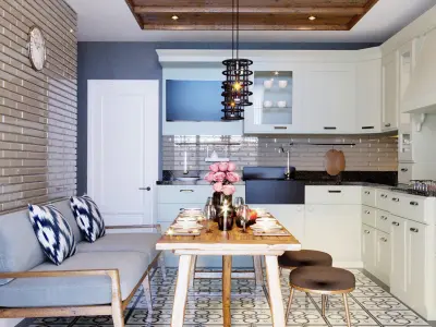 Kitchen with brick walls and wooden flooring Low-poly 3D model