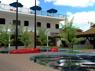 Resort swimming pool at or close to hotel 3D model